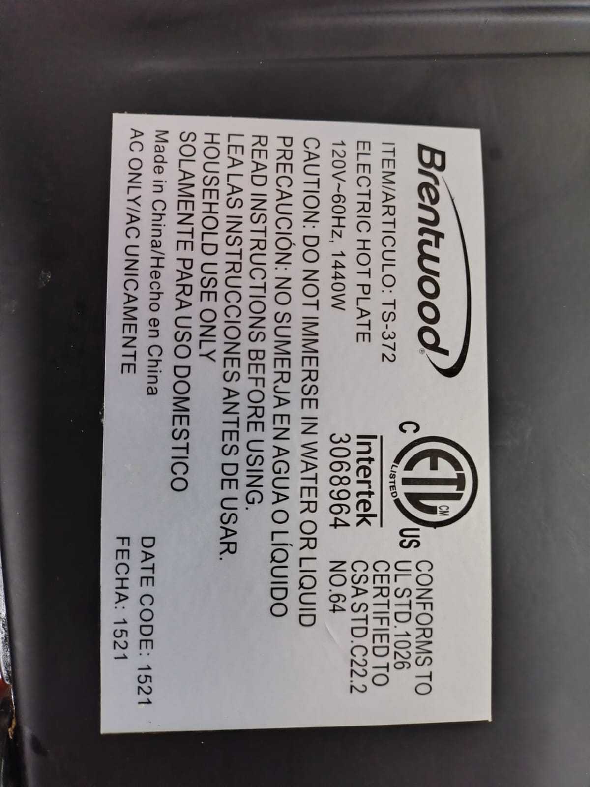Precio 15 000,00 Brentwood TS-372 Plantilla eléctrica doble Brentwood TS-372 doble 1440w
