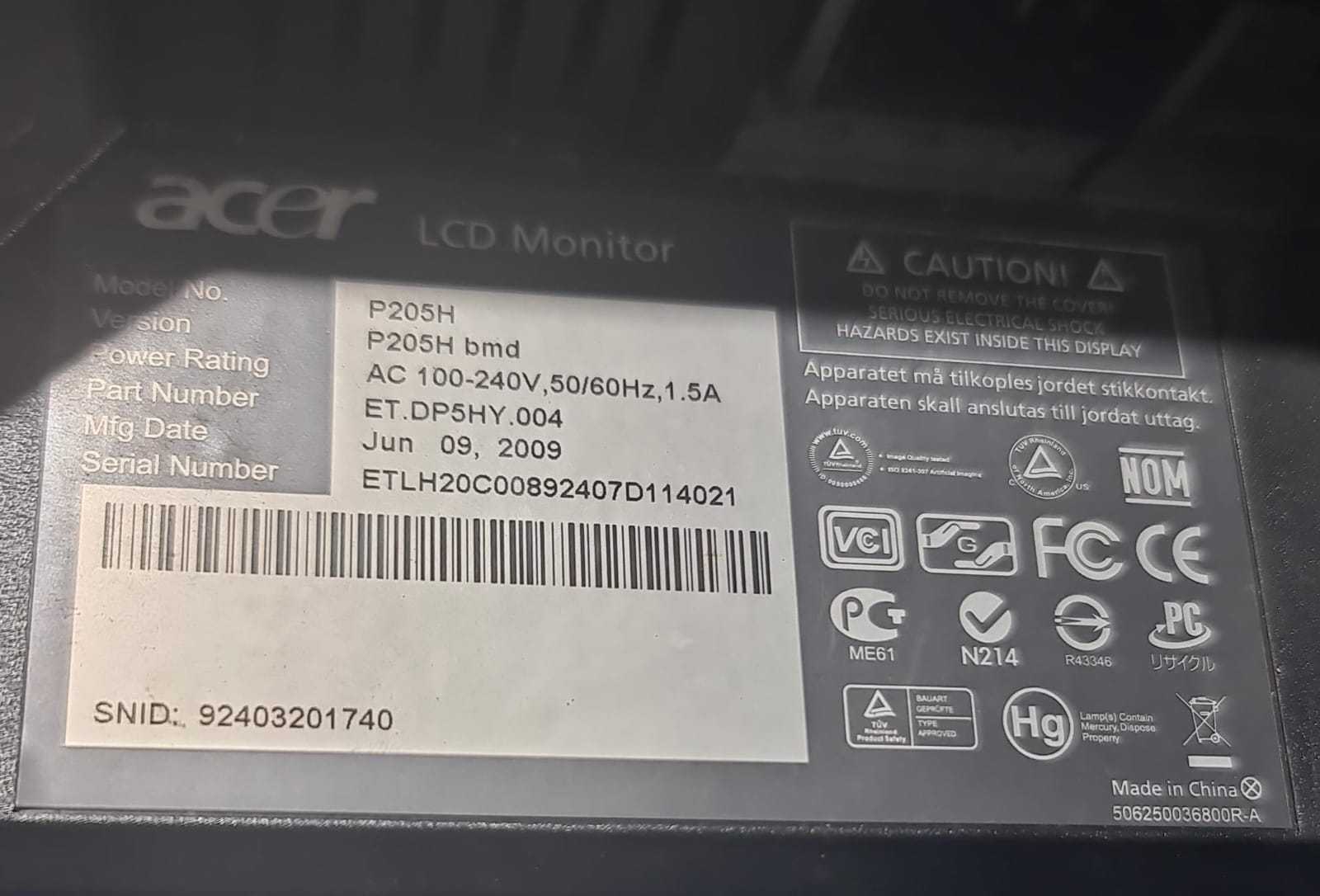 Precio 18 000,00 ACER  MONITOR DE 20 PULG VGA