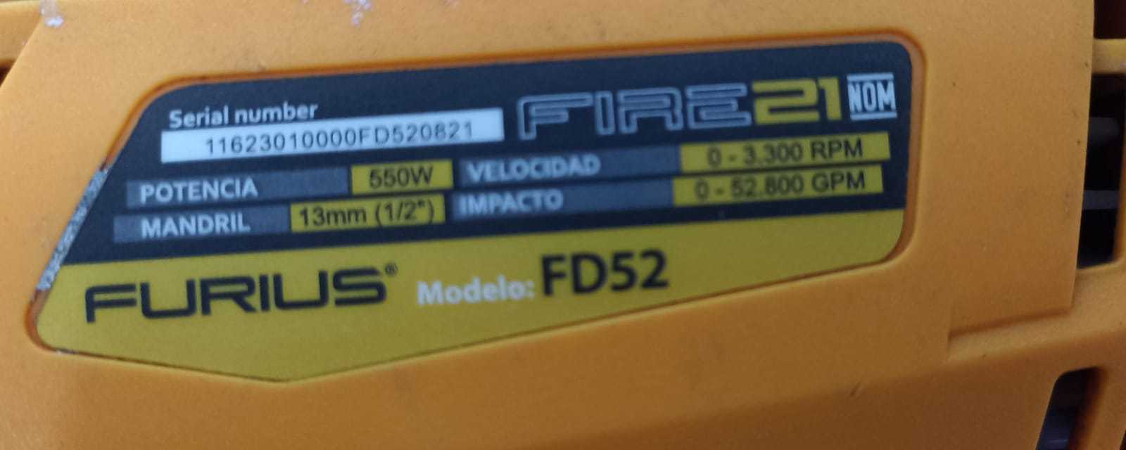 Precio 20 000,00 Furius FD52 Taladro percutor de 550w con puño y llave