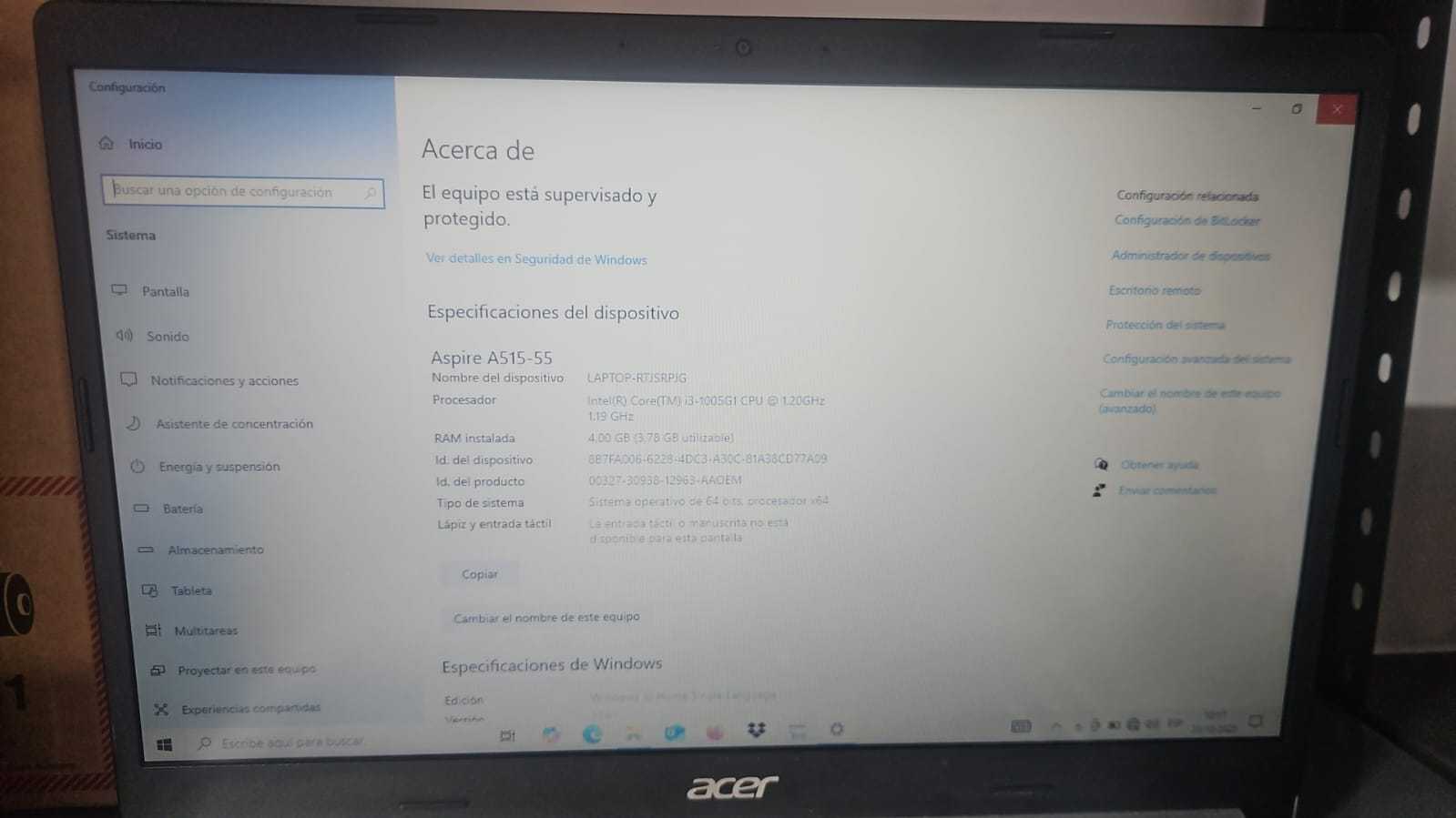 Precio 120 000,00 ACER INPIRION Laptop Core i3 gen 10 4gb ram HDD 1 tera
